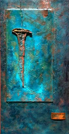 an abstract painting with blue and orange colors on it's side, including a metal object in the middle