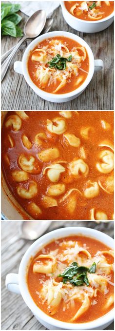 three pictures of different types of soup in white bowls