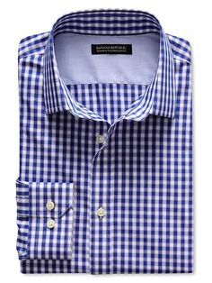 slim-fit blue and white gingham. Blue And White Gingham, Gingham Shirt, Wedding Groom, Mens Shirt Dress, Shopping Trip, Gingham, Banana Republic, Long Sleeve Shirts, Blue And White