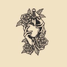 a tattoo design with roses and dagger