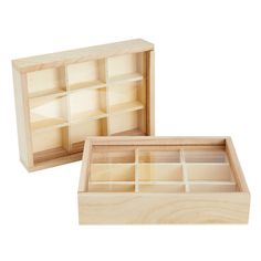 two wooden boxes with dividers and compartments on the inside one is empty, the other has