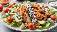 a white plate topped with lettuce, tomatoes and chicken