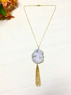 Druzy Necklace - Druzy Tassel Necklace - Gold Druzy Necklace - Gold Tassel Necklace - Boho Necklace White Long Tassel Necklace As Gift, Adjustable White Tassel Necklace Gift, Tassel Necklace Boho, Gold Tassel Necklace, Druzy Necklace, Beaded Headband, Beaded Hoops, Boho Necklace, Gold Hoop Earrings