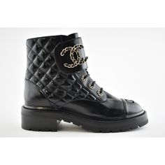 Chanel 21a Black Shiny Patent Quilted Gold Cc Chain Combat Ankle Short Boot 40.5 ********** Chanel ********** Brand: Chanel Size: 40.5 (Know Your Chanel Size) Name: Chain Around Color: Black Style: Combat Boots Style: 21a Style#: G36424 X56231 94305 Material: Shiny Calfskin Cc Cap Toe Logo Cc Large Gold Chain Around Logo Quilted Pattern Lace Up Tie Front Black Shiny Calfskin "Patent" Leather Material Stacked Back Heel Brand New In Box, Comes With Box And Dust Bag 100% Authentic Or Your Money Bac Designer Black Boots With Metal Feet, Leather Boots With Chain Strap And Round Toe, Chanel Lace Up Boots, Designer Black Ankle Moto Boots, Black Boots With Gold Chain, Black Boots Gold Chain, Chanel Black Ankle Boots, Chanel Combat Boots, Combat Boots Style