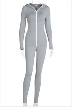 This sexy zip up hooded jumpsuit is nicely fitted and has two pockets in the front. Jumpsuit is long and also has no elastic waist and has a hoodie attached to it and the zipper on the jumpsuit goes all the way to the top of hood. NOTE* - Jumpsuit is available in Heather Gray as shown in the 1st picture. Picture with the hood on and back view is to show what the jumpsuit looks like when the hood is on and back view. Material: 95% Cotton, 5% Spandex Neckline: V Neck Sleeve Style: Long Sleeve Clos Fitted Gray Tracksuit With Long Sleeves, Gray Fitted Long Sleeve Tracksuit, Fitted Gray Long Sleeve Tracksuit, Fitted Long Sleeve Gray Tracksuit, Gray High Stretch Casual Jumpsuits And Rompers, Fitted Gray Winter Tracksuit, Fitted Long Sleeve Tracksuit With Drawstring Hood, Gray Stretch Long Sleeve Jumpsuits And Rompers, Gray Stretch Long Sleeve Jumpsuit