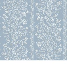 a blue and white floral wallpaper with vertical stripes in the center, on a light blue background