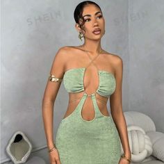 Shein Bae Green Women's Summer Hollow Out Tight Halter Mermaid , Sleeveless And Backless Dress !! Small - Brand New Never Worn ! -Knitted Fabric -95% Polyester, 5% Elastane -High Stretch Fitted Strapless Backless Dress For Beach, Fitted Green Bodycon Dress For The Beach, Green Fitted Bodycon Dress For Beach, Fitted Green Bodycon Dress For Beach, Fitted Strapless Halter Dress For Beach, Fitted Green Backless Dress For Beach, Green Halter Neck Bodycon Dress For Beach, Green Fitted Halter Dress With Spaghetti Straps, Green Backless One Piece For The Beach