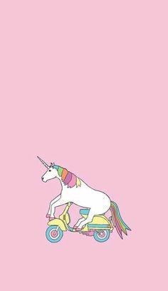 a unicorn on a scooter with a pink background