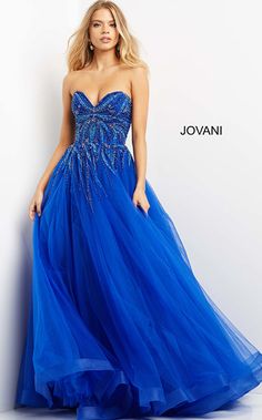 Jovani 07946 Strapless beaded bodice with a sweetheart neckline, beading goes into the top of the skirt, then the skirt is a ball gown. Royal Blue Ballgown, Blue Ballgown, Prom Ballgown, Prom Dresses Tulle, Prom Trends, Long A Line Skirt, Wedding Dress Boutique, Stylish Gown, Miss Teen