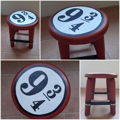 three pictures of stools with numbers painted on the top and bottom one is red, the other is white