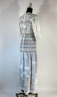 Antique Edwardian 1890s-1900s Intricate Pieced Lace, Embroidered Butterflies Wedding Dress Gown - Etsy Embroidered Lace Maxi Dress For Wedding, Wedding Lace Maxi Dress Embroidered, Intricate Embroidery Lace Wedding Dress, Embroidered Lace Maxi Gown, Embroidered Lace Gown Maxi Length, Embroidered Lace Floor-length Maxi Dress, White Lace Maxi Dress For Wedding, White Lace Work Maxi Dress For Wedding, Traditional Lace Dress With Intricate Embroidery