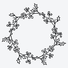 a black and white christmas wreath with holly berries on the side, drawn by hand