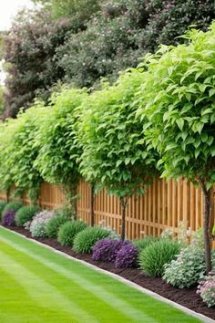 a row of trees in front of a wooden fence