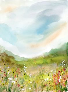 watercolor painting of flowers and trees in the distance