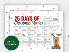 the 25 days of christmas movies printable calendar with reindeers and presents on it