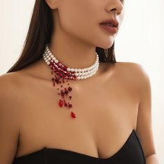 PuRui Gothic Imitation Pearl Necklace With Crystal Beads Tassel Pendant Neck Chain Bloody Choker for Pearl Necklace Choker, Halloween Beads, Red Blood, Statement Choker Necklace, Pearl Choker Necklace, Long Pendant Necklace, Faux Pearl Necklace, Halloween Jewelry, Pearl Choker