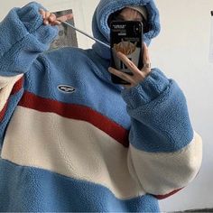 Blue Sherpa Hoodie Only Retro, Street Style Brand New, Never Worn Or Taken Out Of Package Men’s Large Korea Style Fashion, Patchwork Sweatshirt, Trendy Hoodies, Embroidery Hoodie, Loose Coats, Korea Style, Striped Sweatshirts, Sweater Collection, Future Me