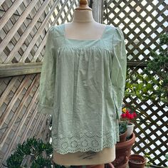 Pretty Float Pale Green Blouse, Nwot, And Elbow Length Sleeves. Being A Sample, I Estimate It As A Small To Medium. Dress Form Is A Size Small. A Fully Lined Bodice. 90% Polyester 5 %. Cotton 5 % Spandex P2p 18 1/2” For Your Reference-Dress Form Is A Size Small Spring Cotton Peasant Top With Square Neck, Spring Cotton Blouse With Square Neck, Square Neck Cotton Blouse For Brunch, Cotton Square Neck Blouse For Brunch, Cotton Blouse With Square Neck For Brunch, Green Square Neck Cotton Top, Green Cotton Square Neck Top, Square Neck Blouse For Spring Daywear, Lacey Blouse