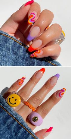 Mail Summer 2023, Wild Nail Designs Fun, Bright Acrylic Nails Designs, Funky Nail Art Trendy, Colorful Nail Art Designs, Pastel Neon Nails, Nailart 2022, Hippy Nail Art, Hippie Nails Simple