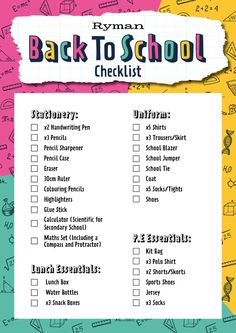 the back to school checklist is shown in pink, blue and yellow with writing on it