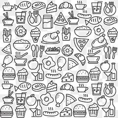 a black and white drawing of food items