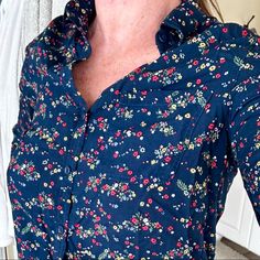 Dark Blue Color With Colorful Flower Print. Amazing Quality Fabric. Extra Soft. Never Worn. Blue Floral Print Shirt For Day Out, Casual Button Shirt For Brunch, Dark Blue Color, Flower Print, Colorful Flowers, Flower Prints, Quality Fabric, Button Downs, Dark Blue