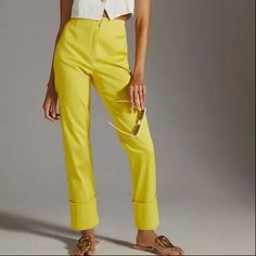 Maeve From Anthropologie Size 00 New Wit Tag 140$ Cigarette Capri Pants Yellow High Rise Cuffed Bottoms Waist Measures 23" Rise 10" Inseam 28" Fitted Summer Pants With Belt Loops, Fitted Pants With Belt Loops For Summer, Fitted Dress Pants With Belt Loops For Summer, Chic Yellow Tapered Leg Pants, Chic Yellow Tapered Pants, Spring Fitted Tapered Leg Pants, Fitted Spring Pants, Fitted Tapered Leg Pants For Spring, Black Culottes