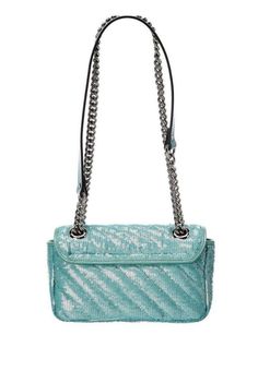 The bag is presented in pastel green with shining sequins against a satin base. The mini shoulder bag is completed by the recognizable Double G hardware.Pastel green sequin embroidered quilted silkPastel green leather trimShiny silver-toned hardwareSilk liningDouble GInternal open pocket for larger phonesSliding chain strap can be worn as a shoulder strap with 55cm drop or can be worn as a top handle with 30cm drop. Can also be worn cross body.Flap with spring closureThis item can fit a cell pho Luxury Green Quilted Bag, Gucci Quilted Formal Shoulder Bag, Luxury Gucci Green Shoulder Bag, Green Gucci Crossbody Bag, Gucci Green Crossbody Bag, Green Gucci Crossbody Shoulder Bag, Green Gucci Shoulder Bag For Evening, Gucci Green Shoulder Bag For Evening, Elegant Green Gucci Shoulder Bag