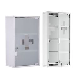 a white cabinet with two doors and some stickers on it