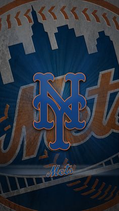 the new york mets logo is painted on a baseball field with blue and orange colors