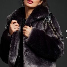 Ds Luxe Fabulous Furs The Iconic Collection Jacket. Chain Reaction Griphite Mink. Style: Stand Up Collar, Three European Hook And Ring Closures, Faux Leather Studded Epaulets With Four Chain Attachments That Drape Over And Under Arm , Faux Leather Shoulder Tabs And Satin Lining.Beautiful ,Cozy And Warm Women's Ponchos & Wraps, Kids Vest, Fur Jackets, Fabulous Furs, Chain Reaction, Ladies Poncho, Stand Up Collar, Teddy Jacket, Fake Fur