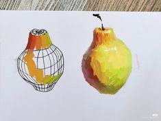 an apple and a vase are drawn on paper