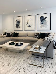 a living room filled with furniture and pictures on the wall above it's coffee table