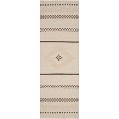 a white rug with black and beige designs on it's sides, in front of a white background