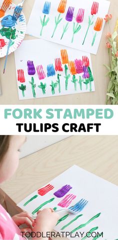 kids are painting flowers on paper plates with colored crayons and the words fork stamped tulips craft