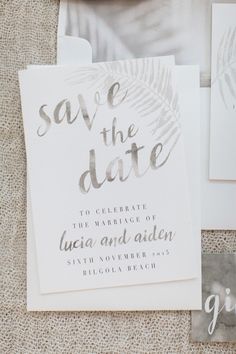 wedding stationery and save the date cards on burlap linen with silver foil