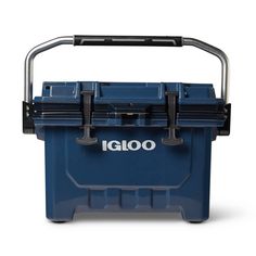 the igloo cooler is blue and has two wheels on each side, with one handle