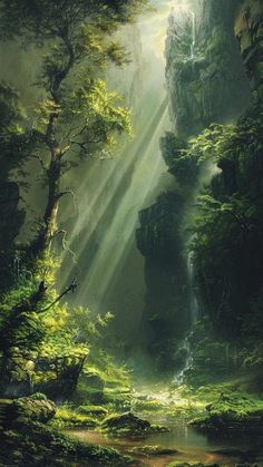 a painting of sunlight coming through the trees into a forest filled with rocks and water