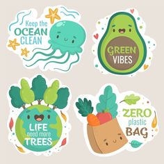 four stickers with different types of vegetables