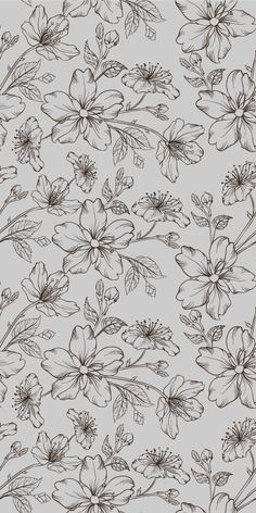 a drawing of flowers and leaves on a gray background with black outline lines in the center