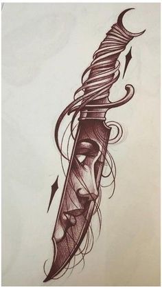 a drawing of a knife with an intricate design on it