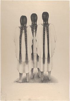 three women with long braids standing in front of an old book page from the 1800s