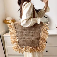 Alara Tassel Straw Tote Bag Straw Tote Bag, Crochet Tote Bag, Picnic In The Park, Straw Tote, Crochet Tote, Tote Pattern, Casual Tote, Fringe Trim, Nylon Bag