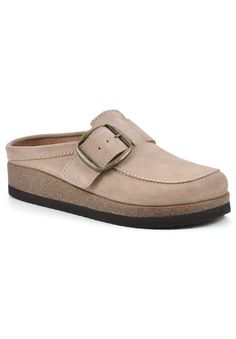 The Bueno by White Mountain Shoes is a classic moccasin-style clog that is right on trend. This clog has a contoured footbed to hug your foot and a soft cork bottom for maximum comfort. The oversized statement buckle makes this clog stand out. This shoe is perfect to throw on when it's chilly and is made out of genuine leather that lasts!Leather UpperSynthetic LiningSynthetic OutsoleSynthetic Footbed1.5" Heel heightCasual Flat available in sizes 5-12 whole sizes only | Women's Bueno Casual Flat Moccasins Style, Beach Wood, White Mountain Shoes, Mountain Shoes, White Mountain, Leather Clogs, Slipper Socks, Casual Flats, Moccasins