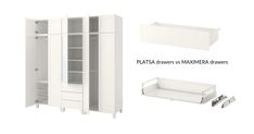 a white cabinet with drawers and shelves next to each other on a white background that says, plats / drawers / mammber drawers