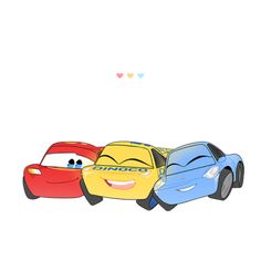 three cartoon cars are lined up in a row