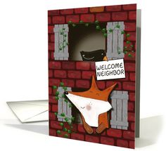 a greeting card with an image of a cat peeking out of a brick wall and the words welcome neighbor written on it