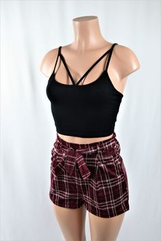 Size: S, Color: Wine Red Red And Black Plaid Christmas Shorts, Cheap Casual Plaid Shorts, Cheap Plaid Shorts, Plaid Tie, High Waist Shorts, Plaid Shorts, Wine Red, High Waisted Shorts, Boho Shorts