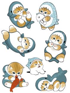 some cute cats and fish stickers on a white background, with one cat in the middle