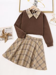 Preppy Style Outfits, Plaid Print Skirt, Printed Skirt Outfit, Plaid Skirt Set, Adrette Outfits, Collar Sweatshirt, Cute Dress Outfits, Shein Outfits, Cute Preppy Outfits